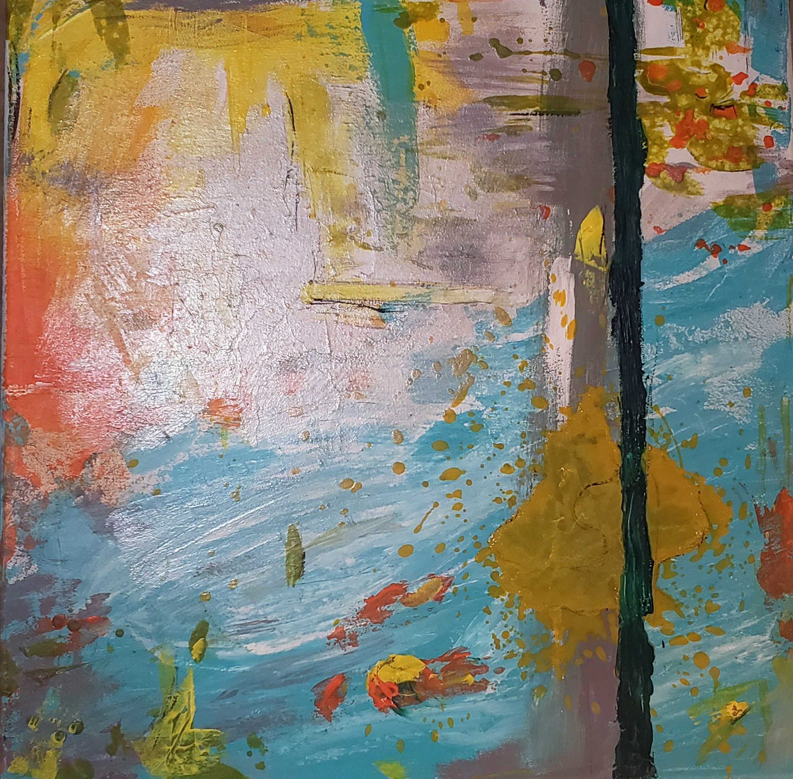 Teal, yellow, and orange abstract acrylic painting