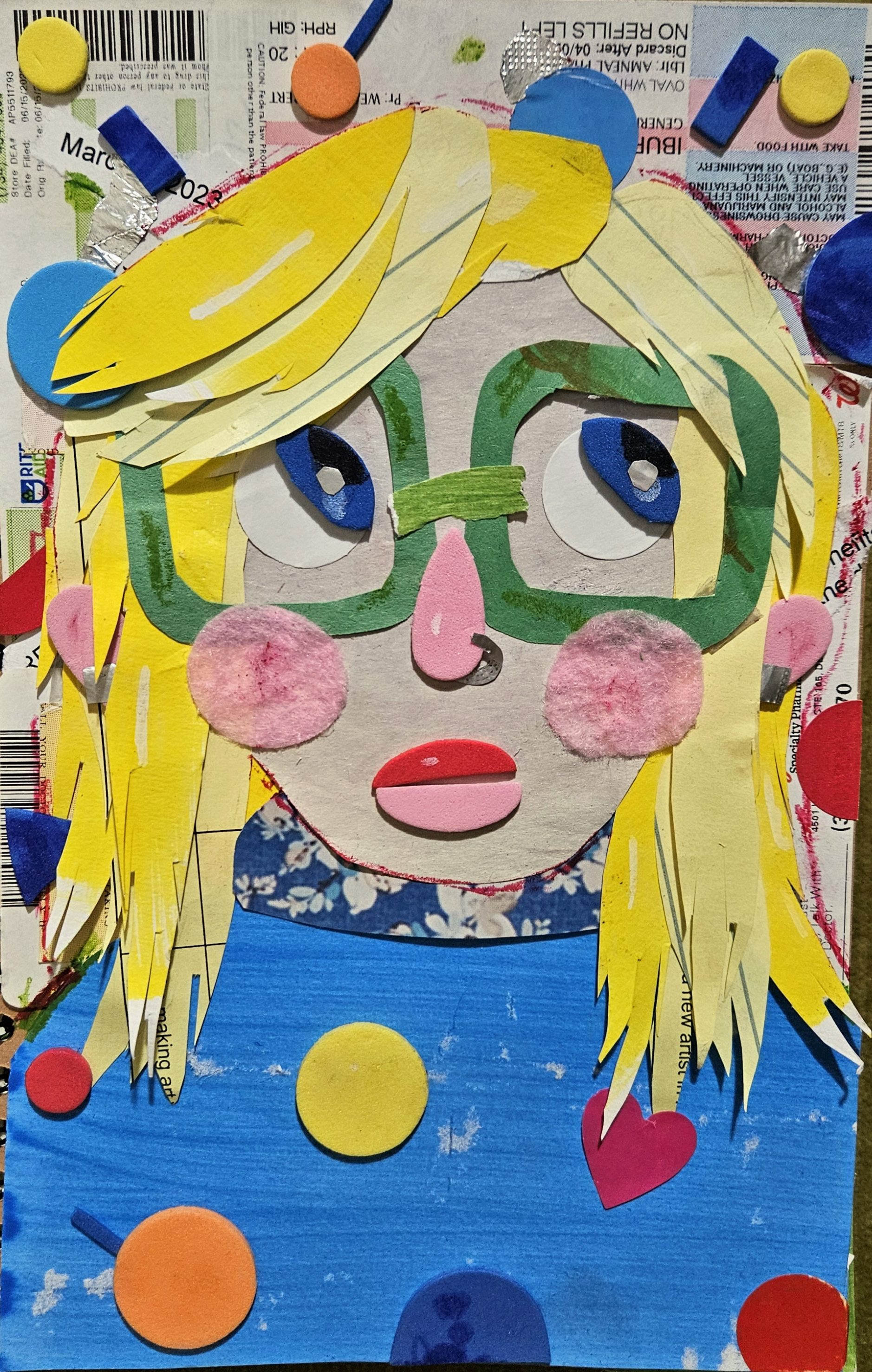 Assemblage self portrait of blonde woman with glasses
