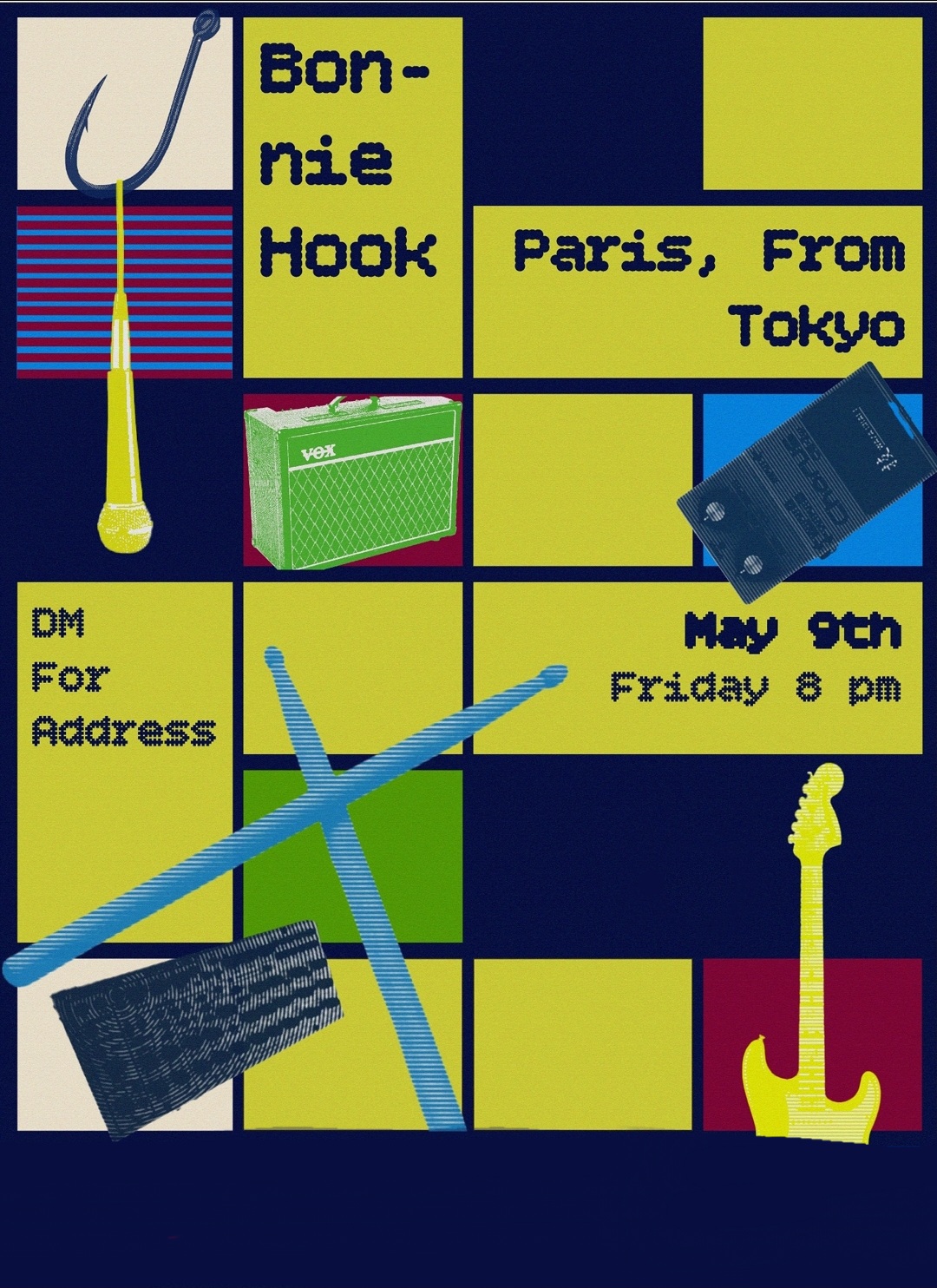 Dark blue red and yellow rock poster for local show